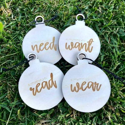 Etched Want, Need, Wear, Read, Present Tags