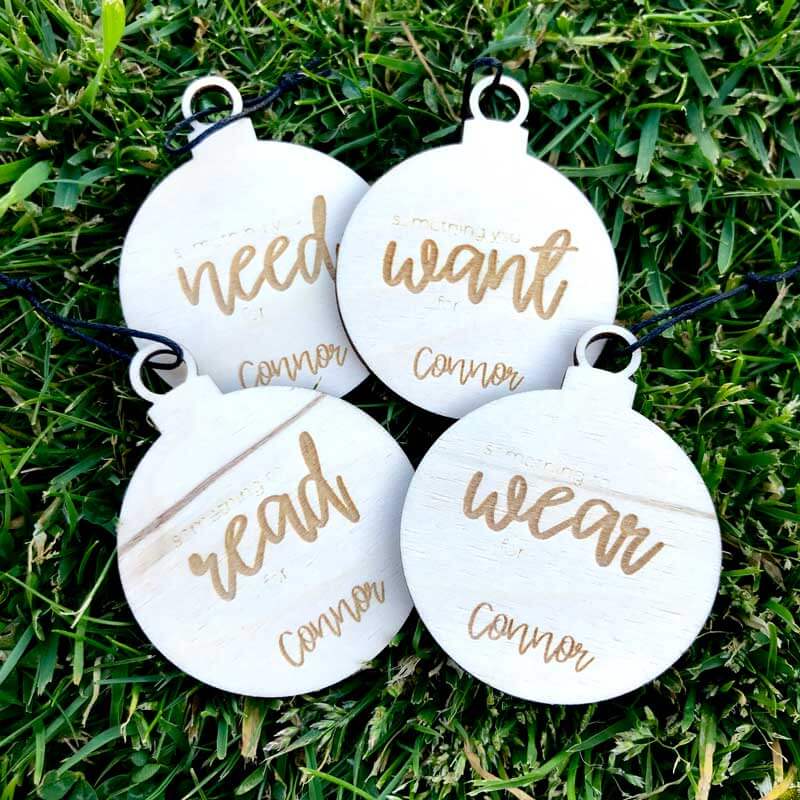 Personalised Etched Want, Need, Wear, Read, Present Tags